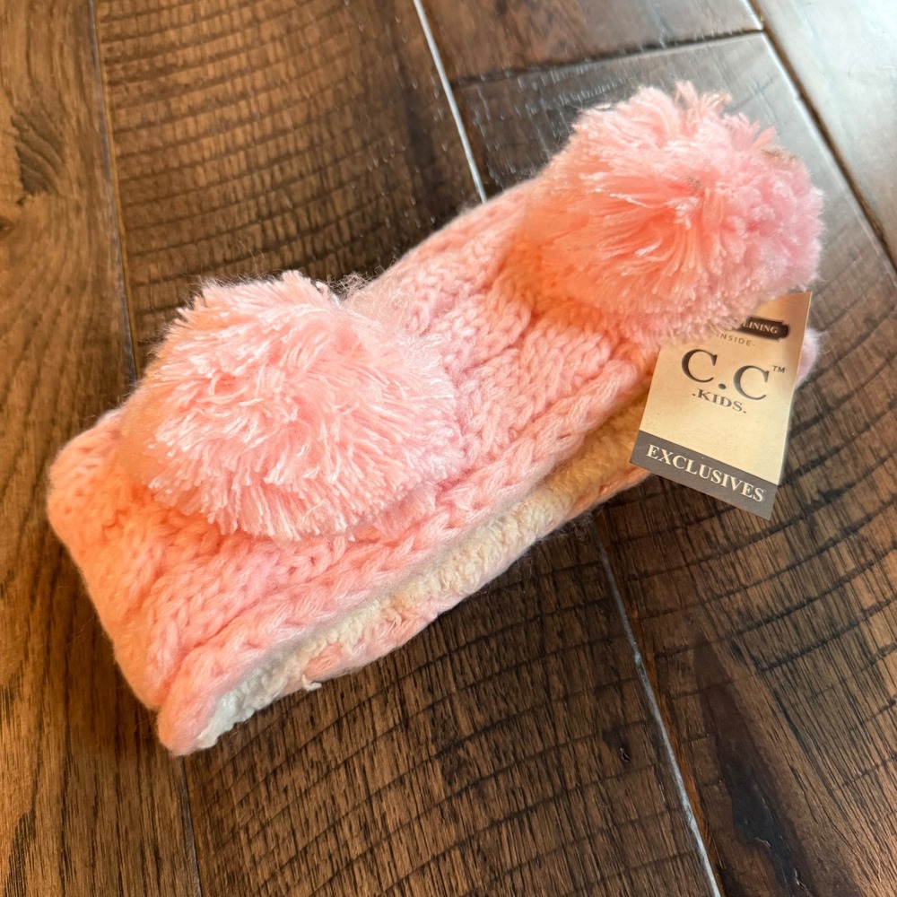 C.C. Kids NWT Pink Cable Knit Sherpa Lined Pom Pom Headband HW-24-KIDS M-L